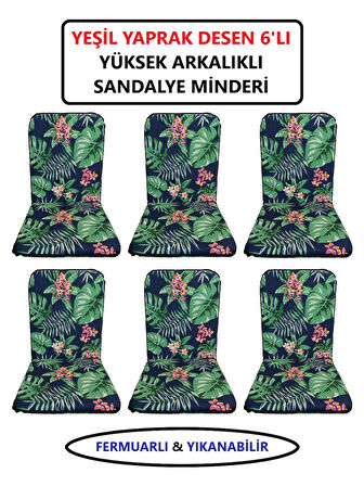 Sandalye Minderi Yüksek Sırt Destekli Fermuarlı Yıkanabilir Sandalye Minderi 6'lı Yeşil Yaprak Desen