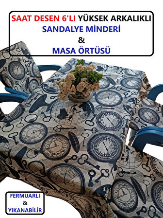 Sandalye Minderi Yüksek Sırt Destekli Fermuarlı Yıkanır 6'lı Sandalye ve Masa Örtüsü (120x180) Saat Desen