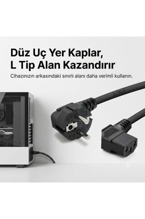 MN6 MN55PKL L Tip C13 Power Güç Kablosu 1.8 Metre Siyah 3 Pin 1 mm Bakır İletken 90 Derece Kasa Monitör UPS Kablosu