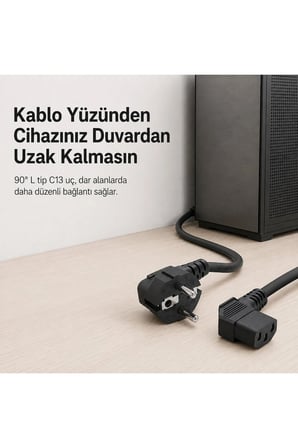 MN6 MN55PKL L Tip C13 Power Güç Kablosu 1.8 Metre Siyah 3 Pin 1 mm Bakır İletken 90 Derece Kasa Monitör UPS Kablosu