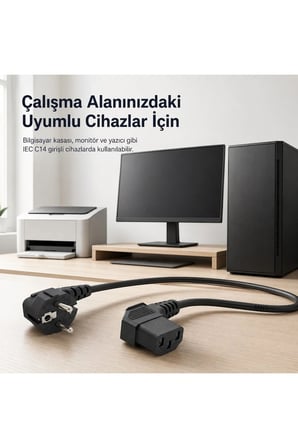 MN6 MN55PKL L Tip C13 Power Güç Kablosu 1.8 Metre Siyah 3 Pin 1 mm Bakır İletken 90 Derece Kasa Monitör UPS Kablosu