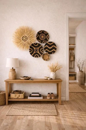 El Yapımı Hasır Duvar Tabağı Seti – Doğal Rafya & Zigzag Desen – 5’li Dekoratif Duvar Süsü Siyah