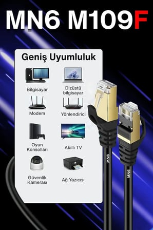 MN6 M109F Cat7 Ethernet Kablosu 15 Metre 5G Modem Uyumlu Bakır İletken STP 10 Gbps Altın Kaplama RJ45