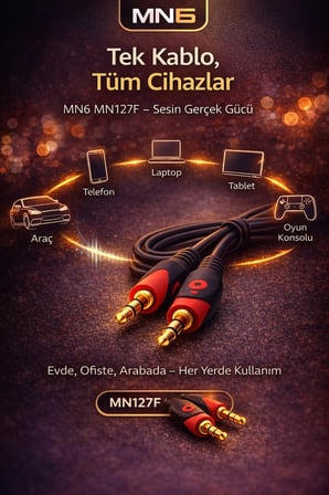 MN127F 3.5mm Stereo AUX Kablo 1.5m Erkek-Erkek Altın Kaplama-Dayanıklı Tasarım