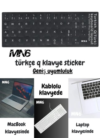 MN6 MTRQ Türkçe Q Klavye Sticker 10 Adet Laptop PC Uyumlu Silinmez Yapışkanlı Harf Çıkartması