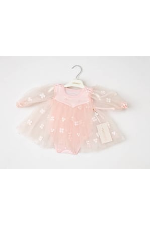 Çiçek Aplikeli Tütü Elbise Body - Pembe
