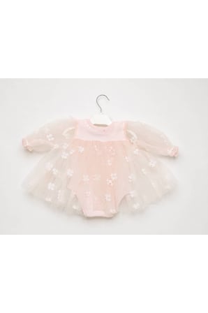 Çiçek Aplikeli Tütü Elbise Body - Pembe