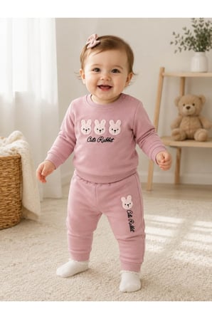 Cute Rabbit Baskılı Eşofman Takımı - Pudra Pembe