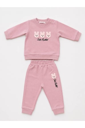 Cute Rabbit Baskılı Eşofman Takımı - Pudra Pembe