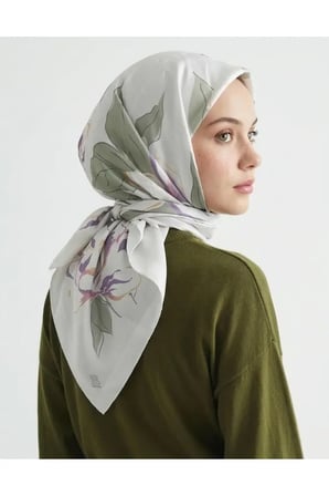 Bushu Flora Twill Eşarp Çiçekli Koyu Pastel Yeşil