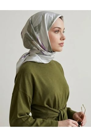 Bushu Flora Twill Eşarp Çiçekli Koyu Pastel Yeşil
