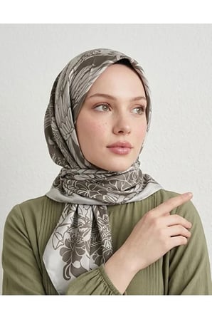 Bushu Noira Twill Eşarp Çizgili Çiçek Desenli Haki Bej