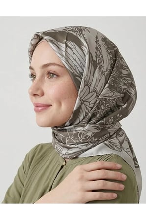Bushu Noira Twill Eşarp Çizgili Çiçek Desenli Haki Bej