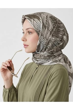 Bushu Noira Twill Eşarp Çizgili Çiçek Desenli Haki Bej