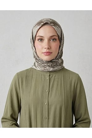 Bushu Noira Twill Eşarp Çizgili Çiçek Desenli Haki Bej