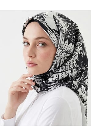 Bushu Noira Twill Eşarp Çizgili Çiçek Desenli Siyah Beyaz