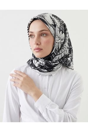 Bushu Noira Twill Eşarp Çizgili Çiçek Desenli Siyah Beyaz