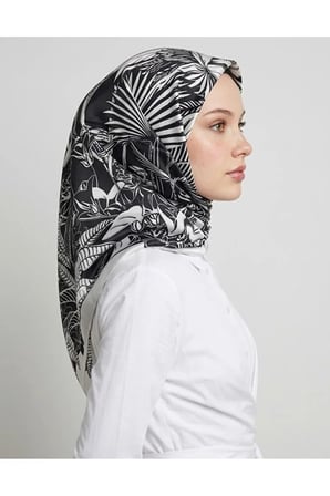 Bushu Noira Twill Eşarp Çizgili Çiçek Desenli Siyah Beyaz