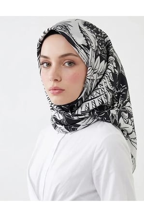Bushu Noira Twill Eşarp Çizgili Çiçek Desenli Siyah Beyaz