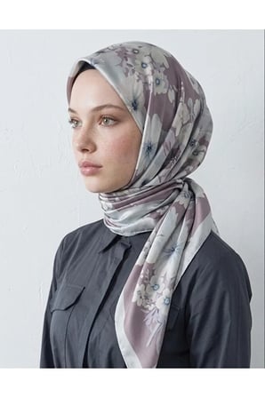 Bushu Çiçekli Twill Eşarp Gri Mavi