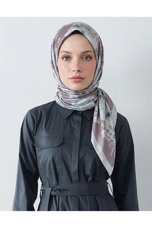 Bushu Çiçekli Twill Eşarp Gri Mavi