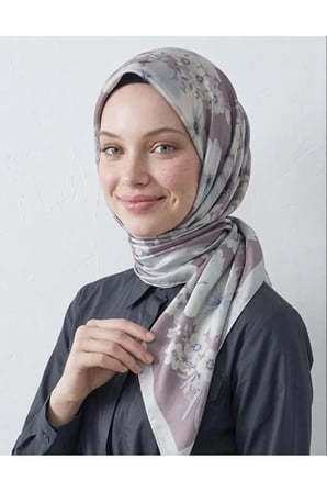 Bushu Çiçekli Twill Eşarp Gri Mavi
