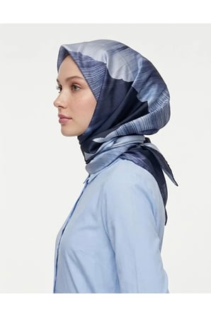 Bushu Çiçek Desenli Twill Eşarp Lacivert