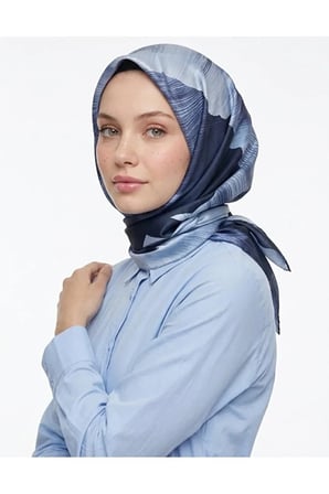 Bushu Çiçek Desenli Twill Eşarp Lacivert