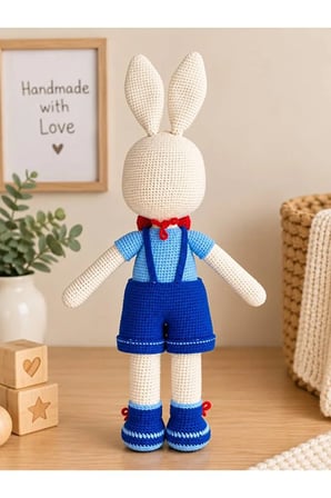 MentorAly Amigurumi Tavşan Oyuncak Mavi Tulumlu Kırmızı Papyonlu 48 cm El Yapımı