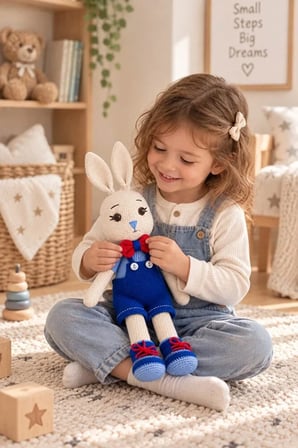 MentorAly Amigurumi Tavşan Oyuncak Mavi Tulumlu Kırmızı Papyonlu 48 cm El Yapımı