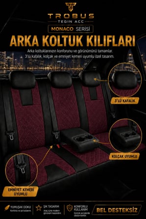 Hyundai Kona 2017+ Uyumlu Monaco Serisi Eviza Deri Detaylı Bordo Koltuk Kılıfı