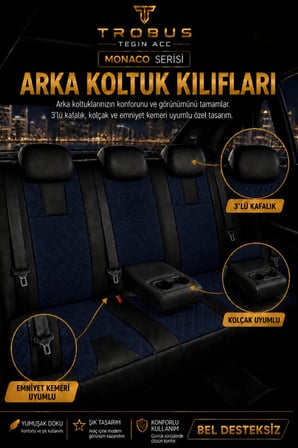 Hyundai Kona 2017+ Uyumlu Monaco Serisi Eviza Deri Detaylı Lacivert Koltuk Kılıfı