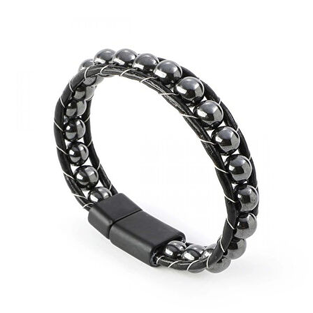 Moncuk Design Hematit Doğaltaşlı Deri Bileklik 33512B2D8M5