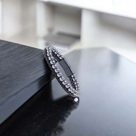 Moncuk Design Hematit Doğaltaş Deri Erkek Bileklik 33512B7D9