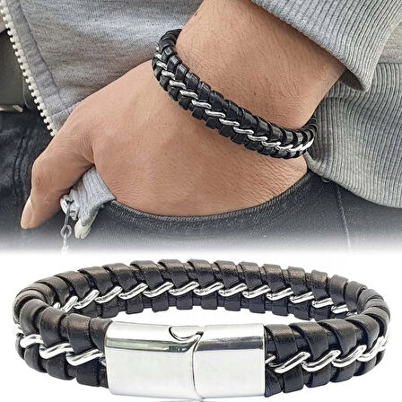 Moncuk Design Zincir Model Çelik Ve Deri Bileklik 33514B2D1