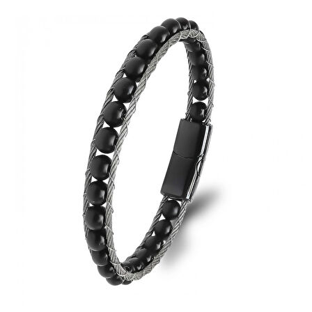 Moncuk Design Oniks Doğaltaş Ve Çelik Halat Örme Bileklik 33512B2DH1