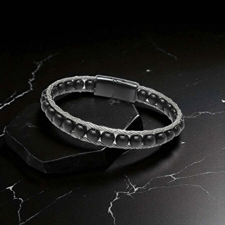 Moncuk Design Oniks Doğaltaş Ve Çelik Halat Örme Bileklik 33512B2DH1