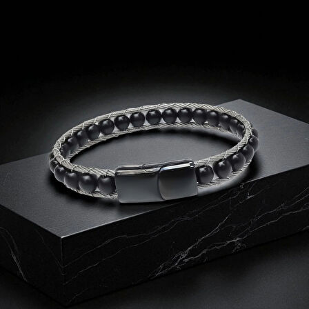 Moncuk Design Oniks Doğaltaş Ve Çelik Halat Örme Bileklik 33512B2DH1