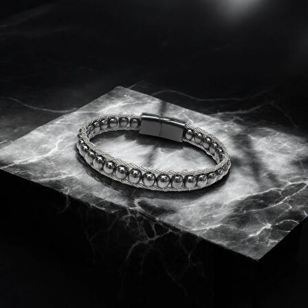 Moncuk Design Hematit Doğaltaş Ve Çelik Halat Örme Bileklik 33512B2DH2