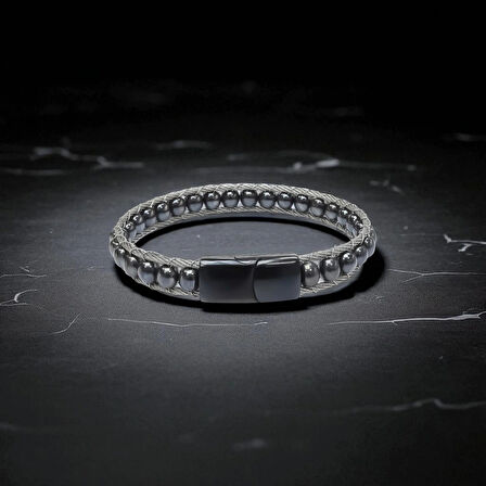 Moncuk Design Hematit Doğaltaş Ve Çelik Halat Örme Bileklik 33512B2DH2