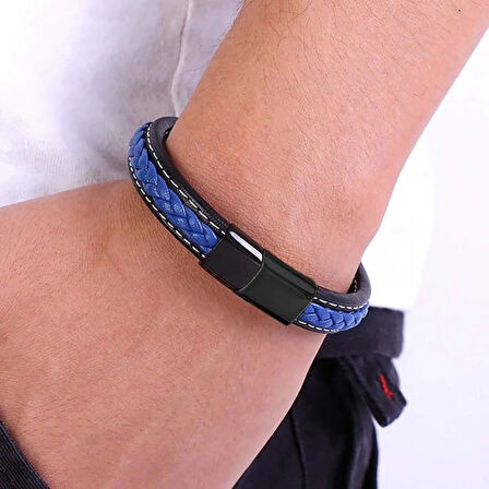 Moncuk Design Lacivert & Siyah Saç Örgülü Deri Ve Çelik Bileklik 33513B8D11