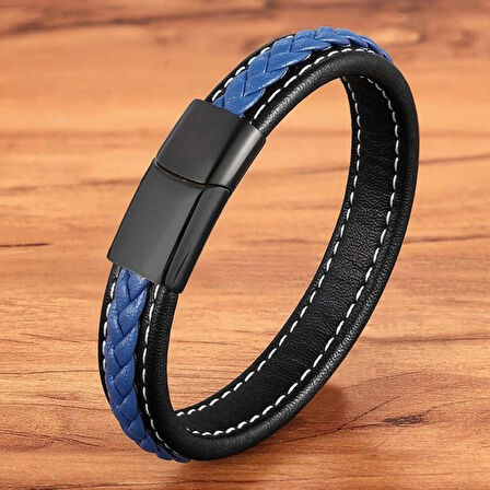 Moncuk Design Lacivert & Siyah Saç Örgülü Deri Ve Çelik Bileklik 33513B8D11