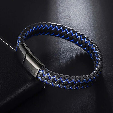 Moncuk Design Mavi Siyah Deri Örgü Çelik Bileklik 33513B4D3