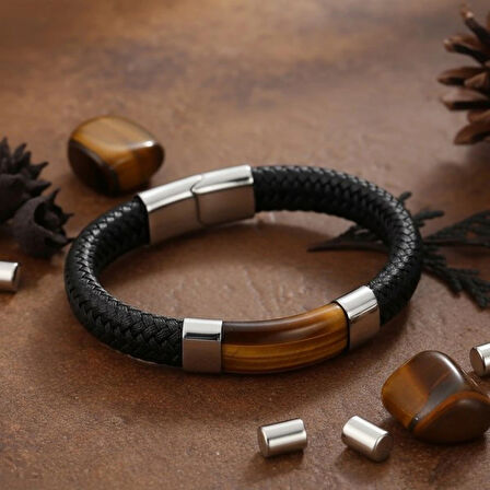 Moncuk Design Kaplan Gözü Taşlı Siyah Deri Erkek Çelik Bileklik 33514B6D1