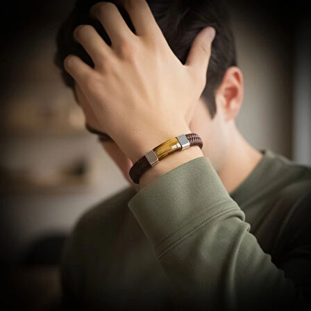 Moncuk Design Kaplan Gözü Taşlı Kahverengi Deri Erkek Çelik Bileklik 33514B6D2