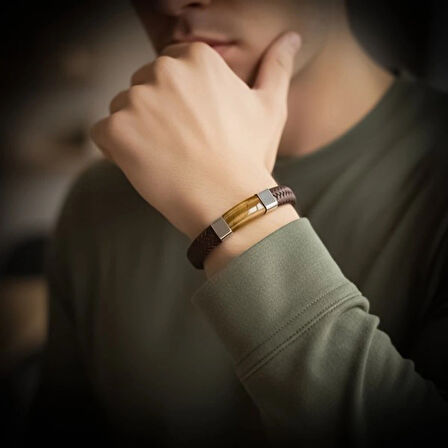 Moncuk Design Kaplan Gözü Taşlı Kahverengi Deri Erkek Çelik Bileklik 33514B6D2