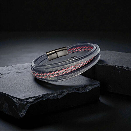 Moncuk Design Kırmızı Siyah Çoklu Deri Bileklik 33513B2D6