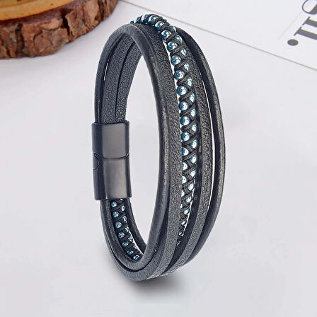 Moncuk Design Mavi Hematit Ve Çoklu Deri Bileklik 33514B3D3