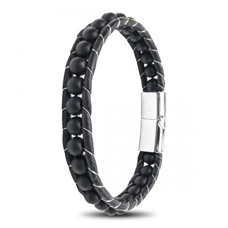 Moncuk Design 6Mm Mat Oniks Taşlı Deri Kordon Ve Çelik Bileklik 33512B2D6M1