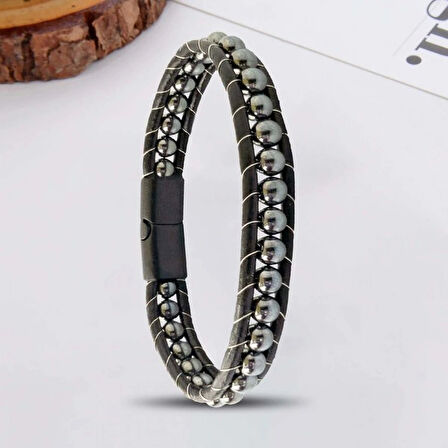 Moncuk Design 6Mm Hematit Taşlı Deri Kordon Ve Çelik Bileklik 33512B2D6M3